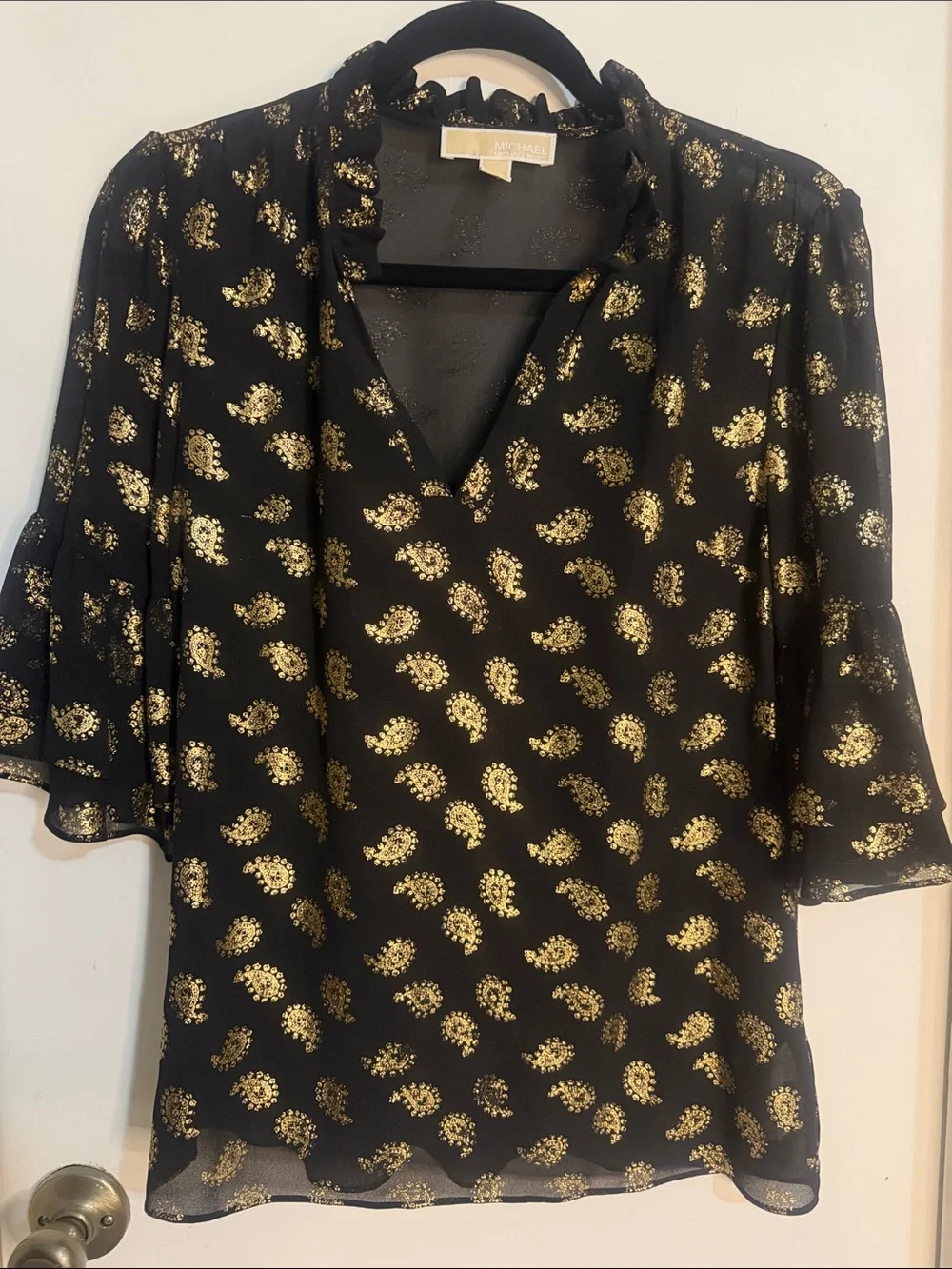 Michael Kors Black Blouse with Gold Paisley Foil